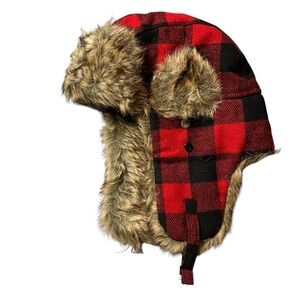 Dakota Dan Buffalo Check Trooper Ear Flap Hat Faux Fur Red Black Winter Fishing